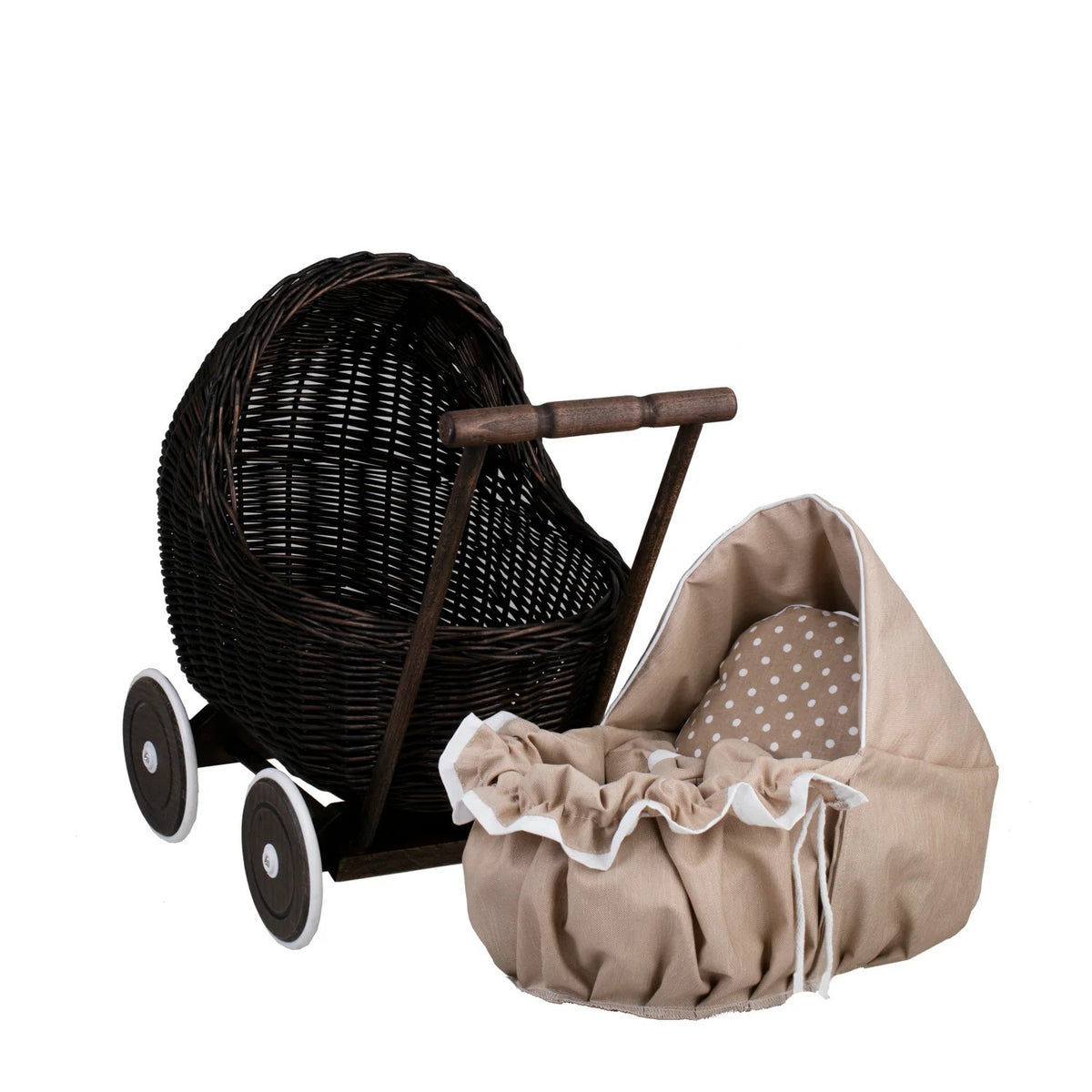 Wicker Stories dockvagn Lili – mörk vide och beige bäddset